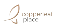 A logo with a leaf design and the words "copperleaf place" written underneath it.